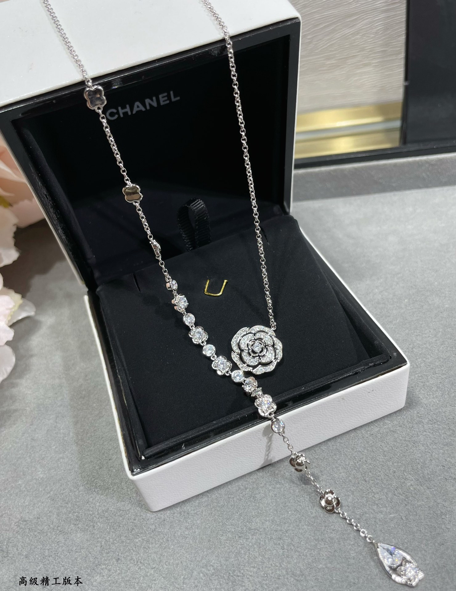 Ch*el camellia water drop tassel necklace