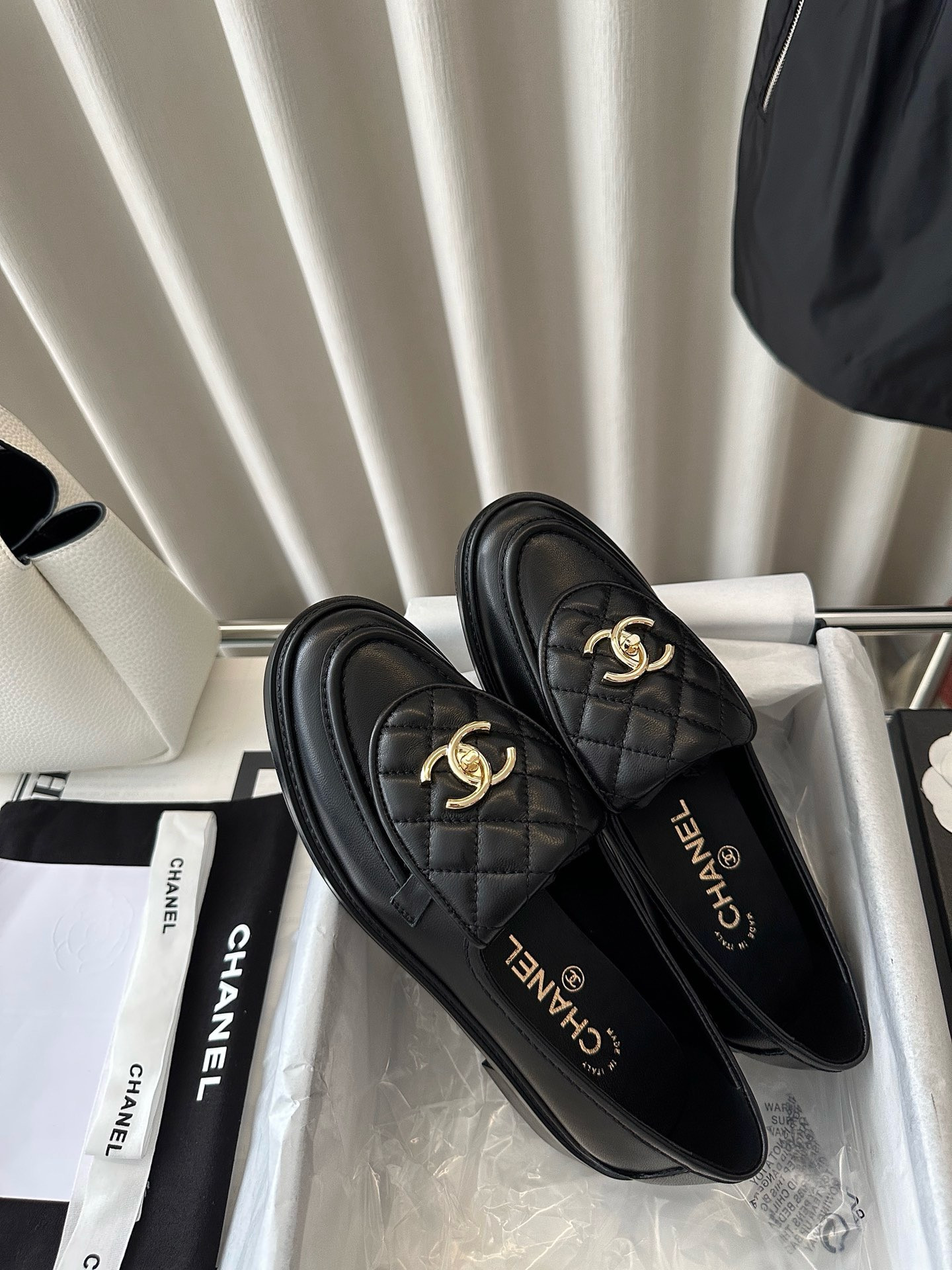 Ch*el quilted tab loafers black leather