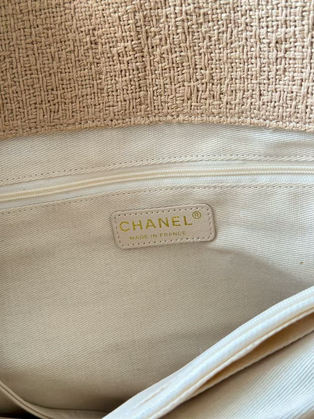 Ch*el vintage linen tassel tote straw bag 48x35x17cm
