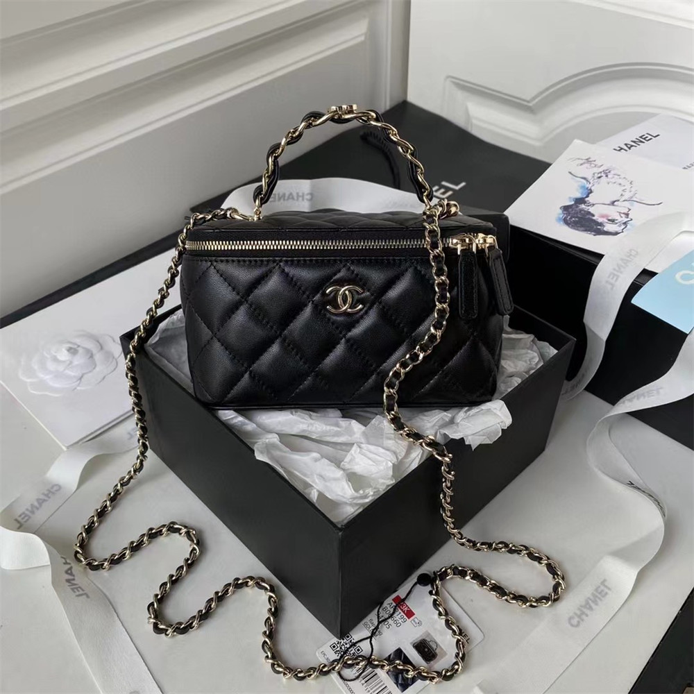 Ch*el walnut gold ball chain with makeup mirror lamb leather square box shoulder bag women's black 16x10x8cm