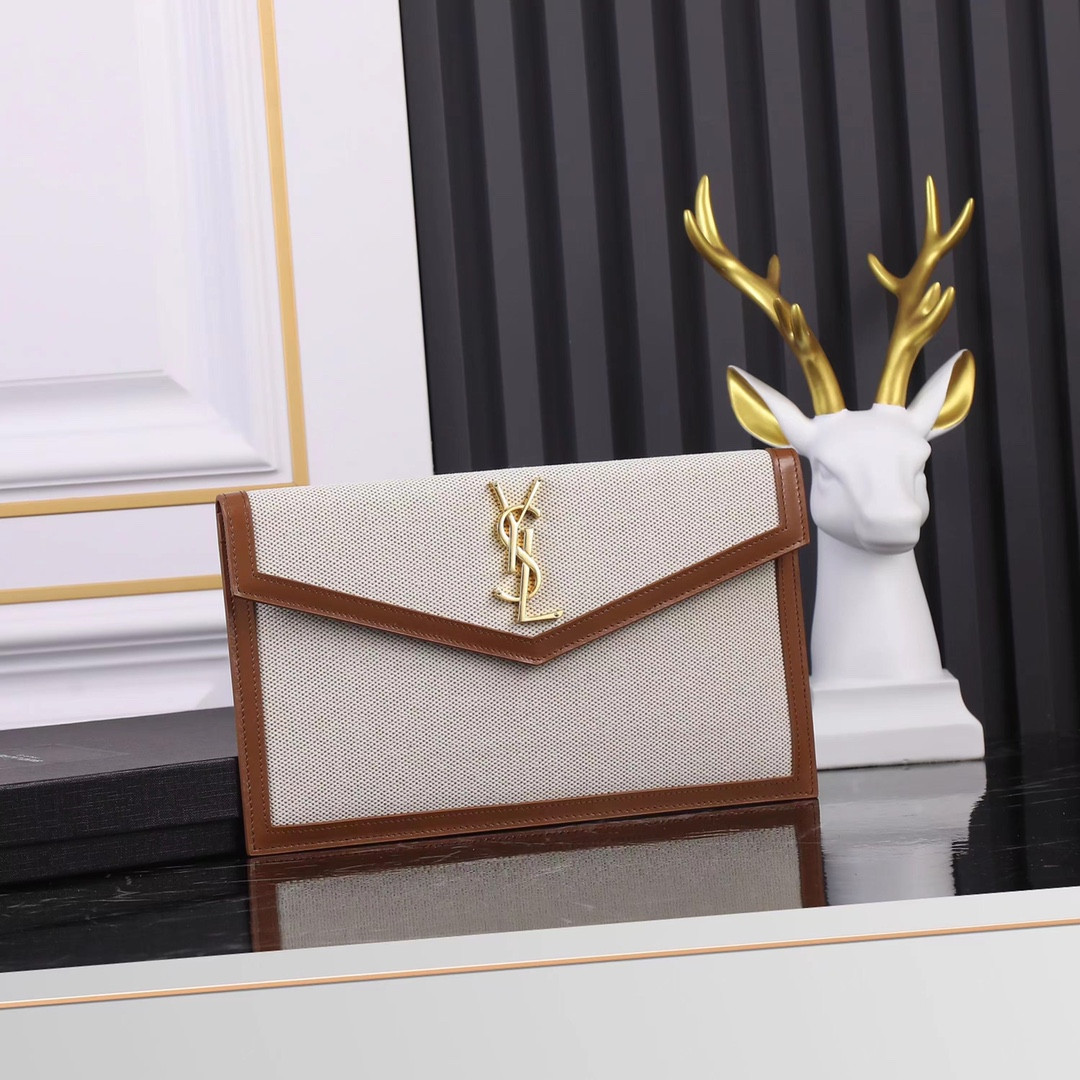 Y*L uptown pouch in canvas and smooth leather natural beige 10.6 x 6.2 x 0.7 inches