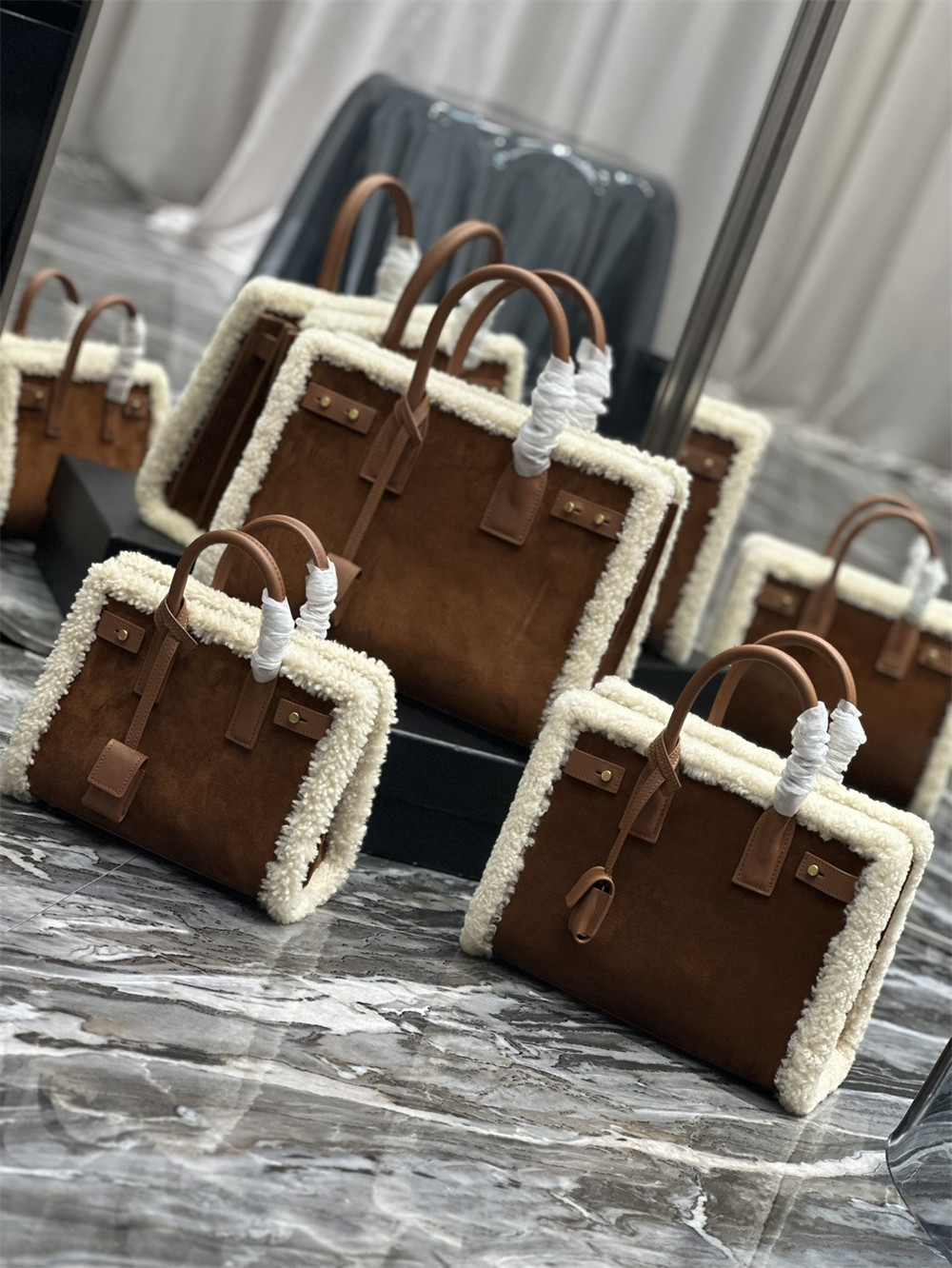 y*l sac de jour S*pple samll in suede and shearling dark cigar and natural beige