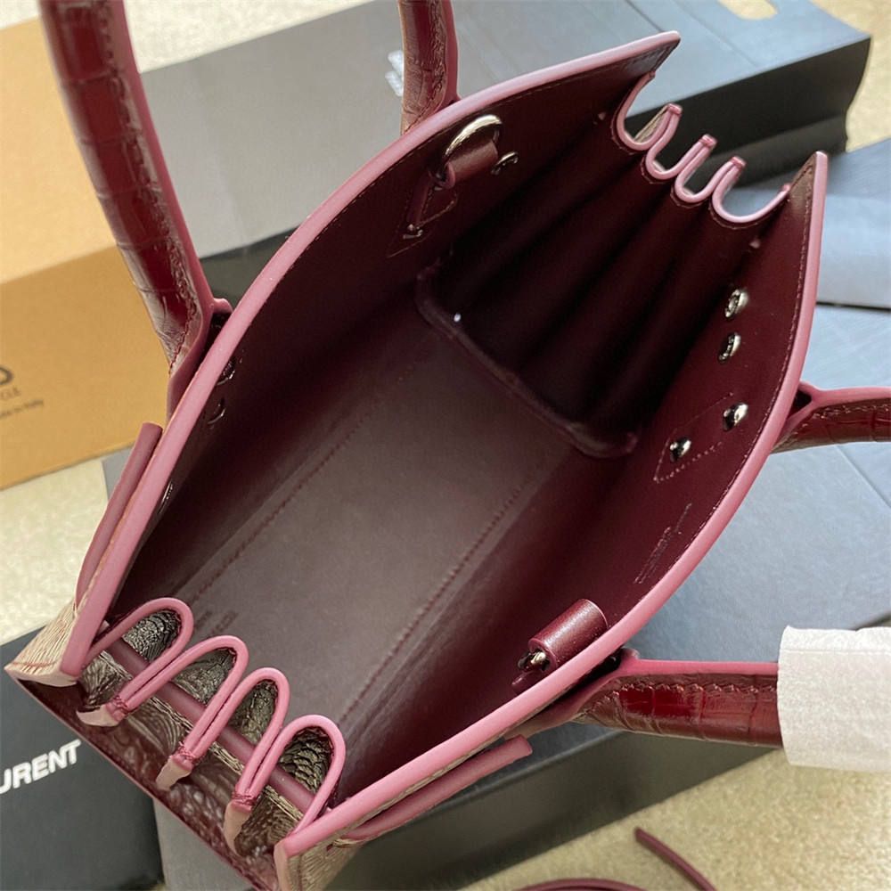 Y*L sac de jour nano in crocodile embossed leather rouge legion 8.6 x 6.8 x 3.5 inches