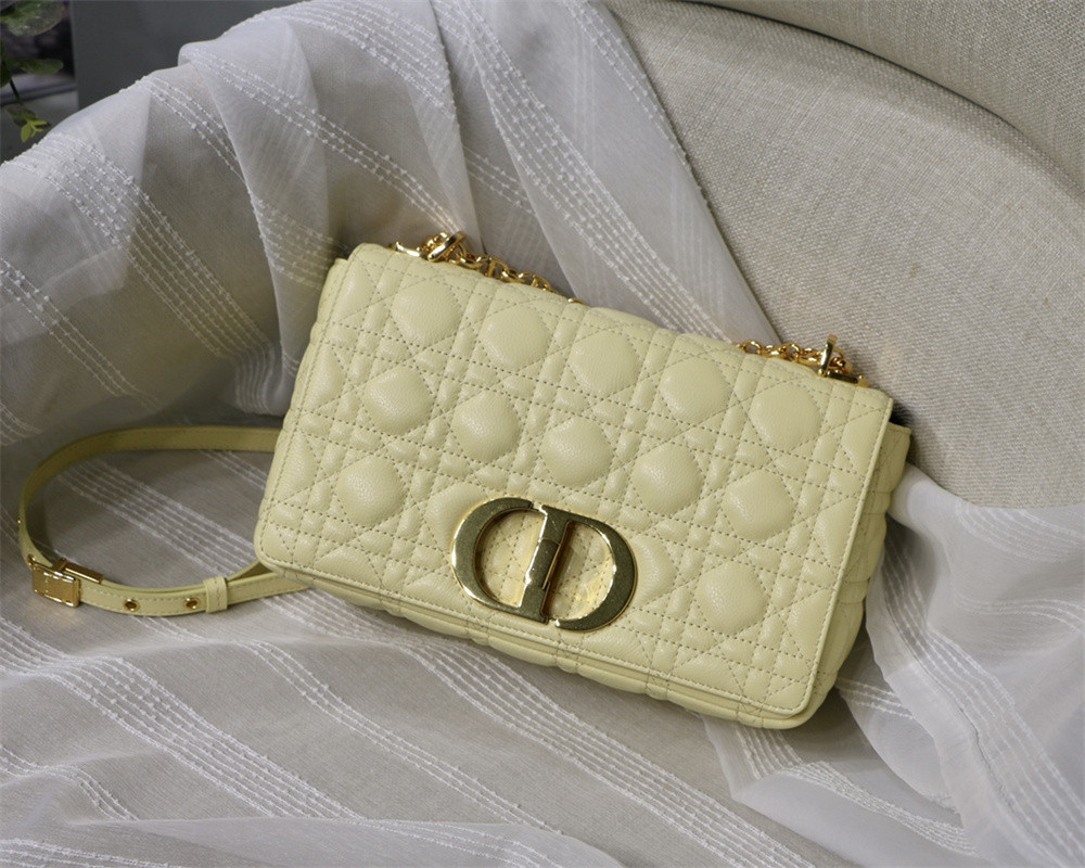 medium d*or caro bag light yellow S*pple cannage calfskin 25.5 x 15.5 x 8 cm