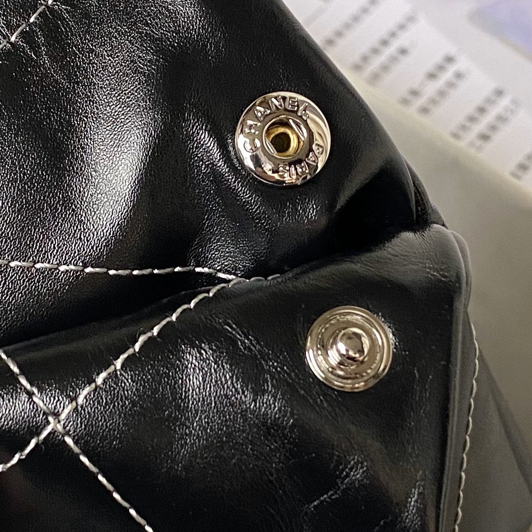 Ch*el 22 handbag shiny calfskin silver 15.2×16.4×3.1 in