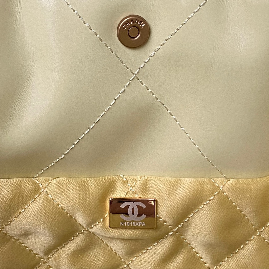 Ch*el 22 handbag shiny calfskin yellow 30×45×8cm