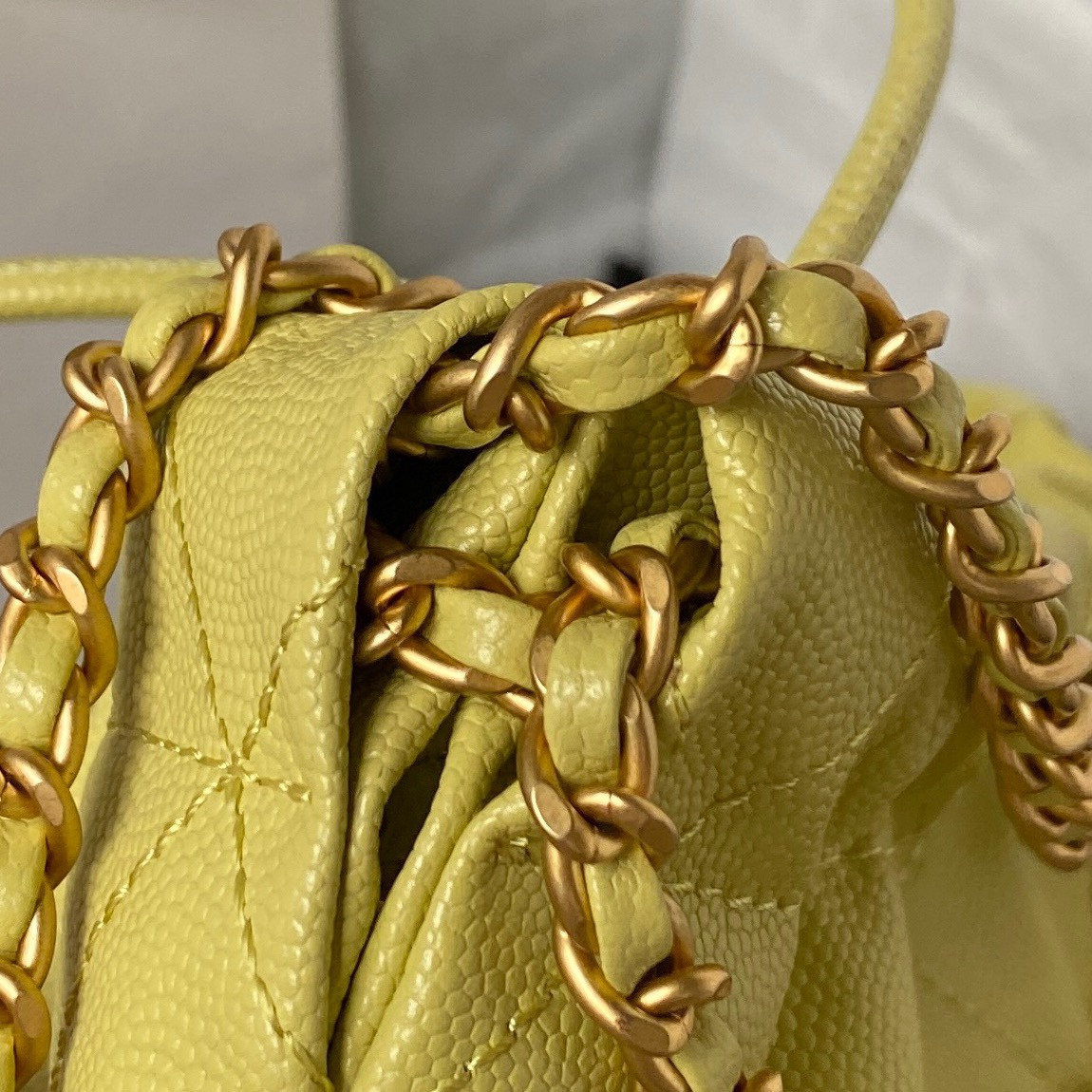 Ch*el 22 mini handbag grained leather yellow 7.8 × 7.4 × 2.3 in