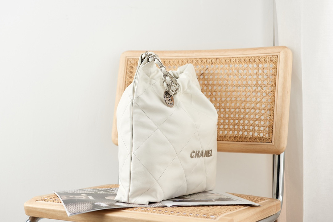 Ch*el 22 handbag metallic shaded calfskin & silver-tone metal white 15.2×16.4×3.1 in