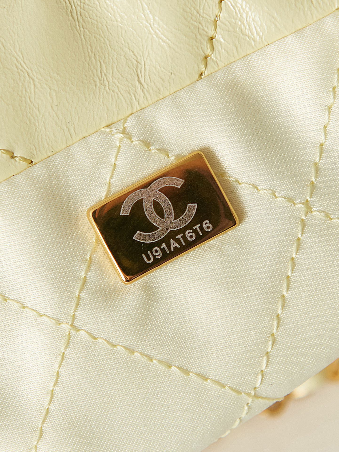 Ch*el 22 mini handbag shiny calfskin yellow 7.8 × 7.4 × 2.3 in
