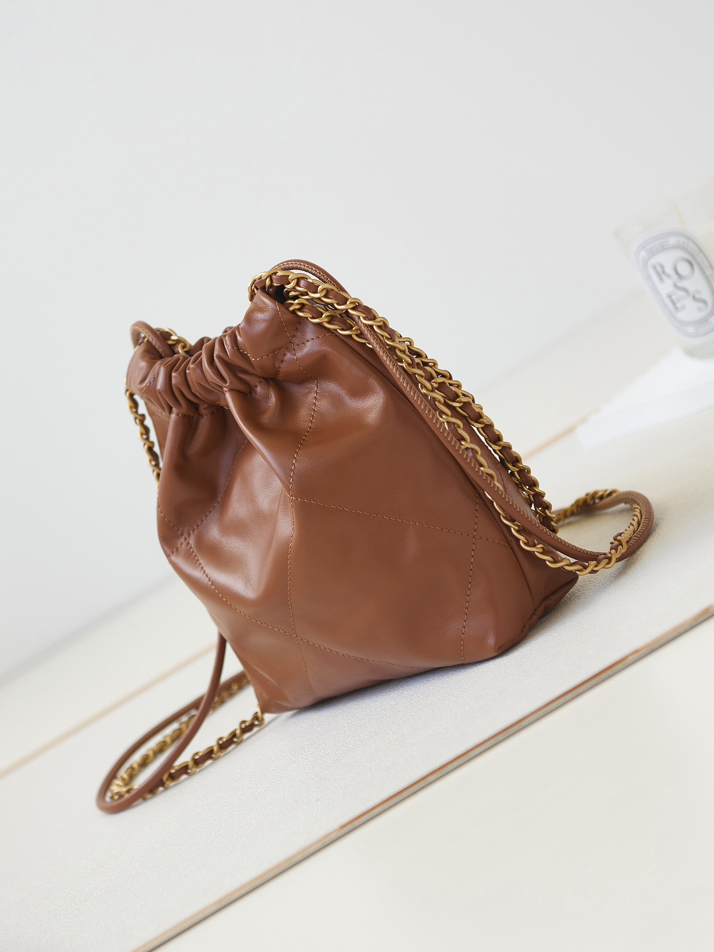 Ch*el 22 mini handbag shiny calfskin brown 7.8 × 7.4 × 2.3 in