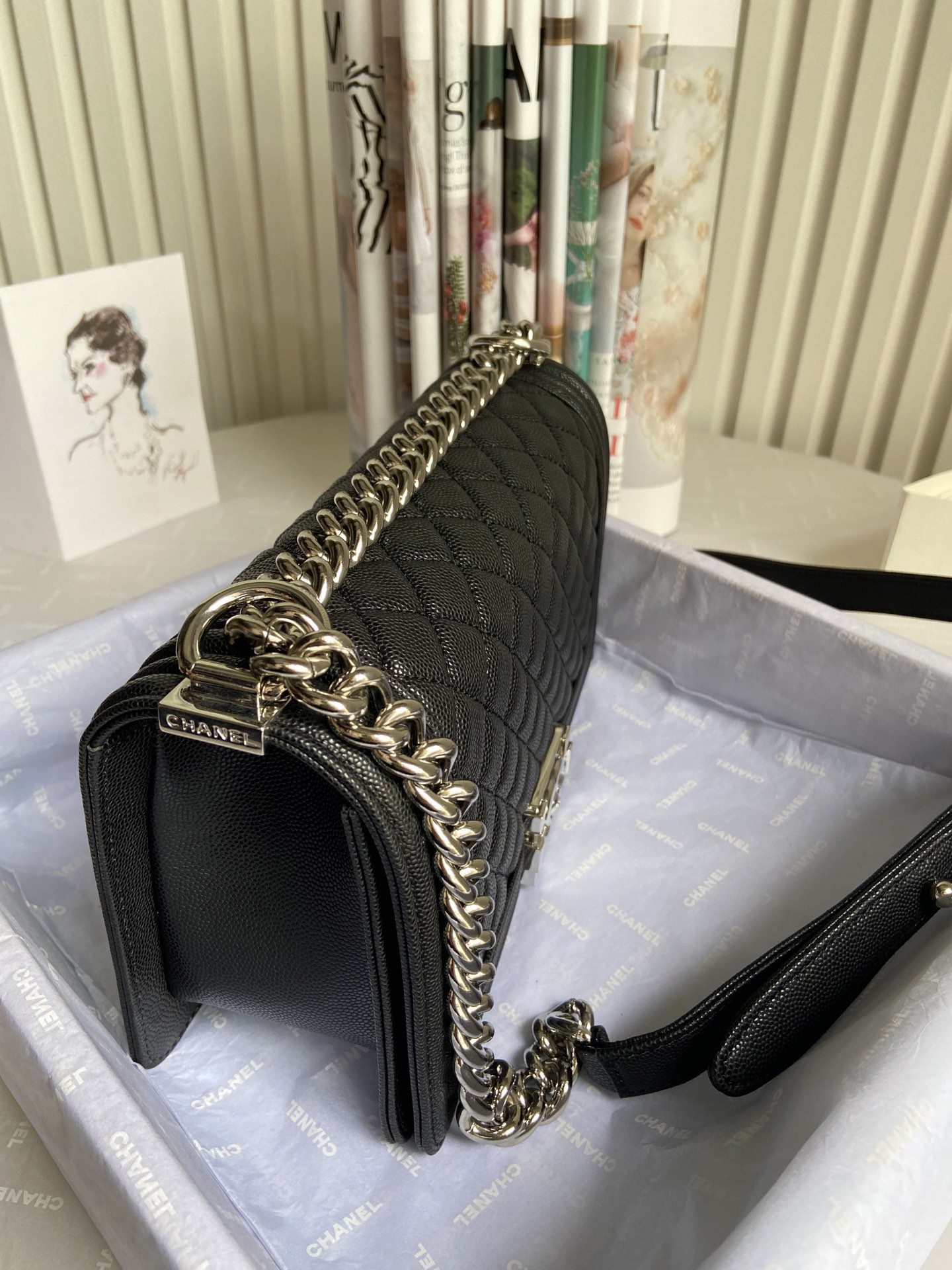 boy Ch*el handbag shiny grained calfskin & silver-tone metal black 5.9 × 9.8 × 3.5 in
