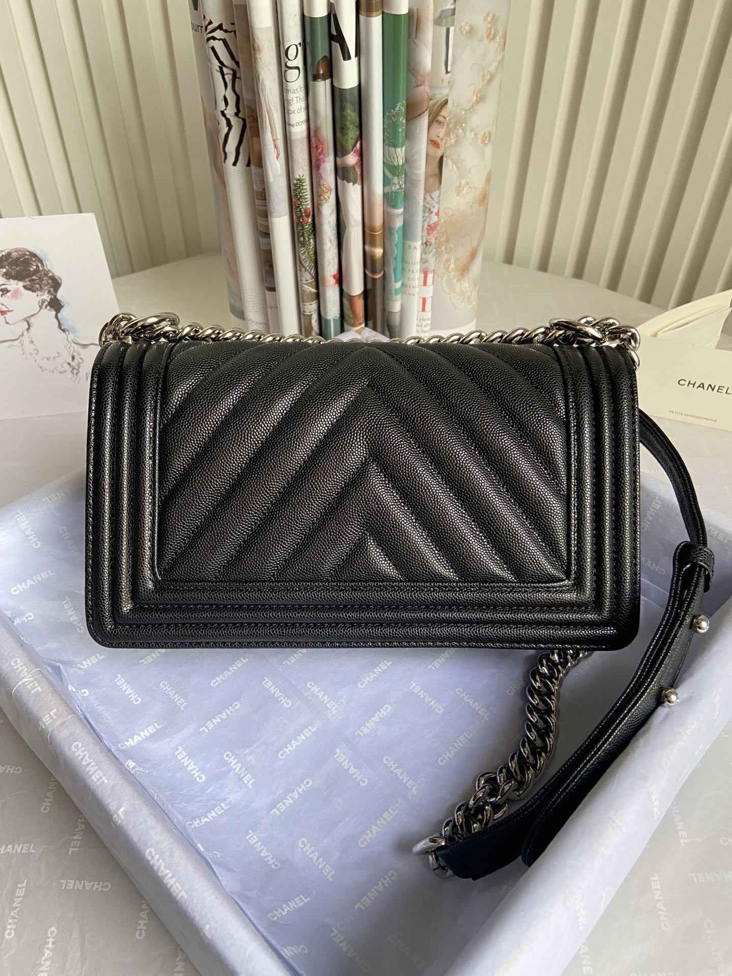 boy Ch*el handbag shiny grained calfskin & silver-tone metal black 5.9 × 9.8 × 3.5 in