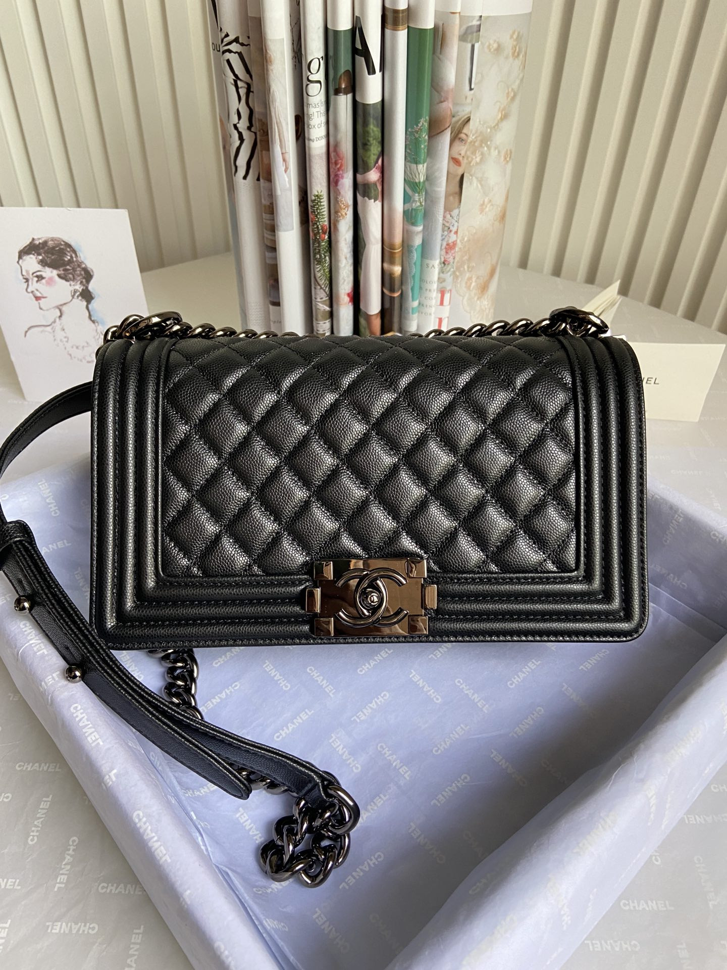 boy Ch*el handbag shiny grained calfskin black 5.9 × 9.8 × 3.5 in