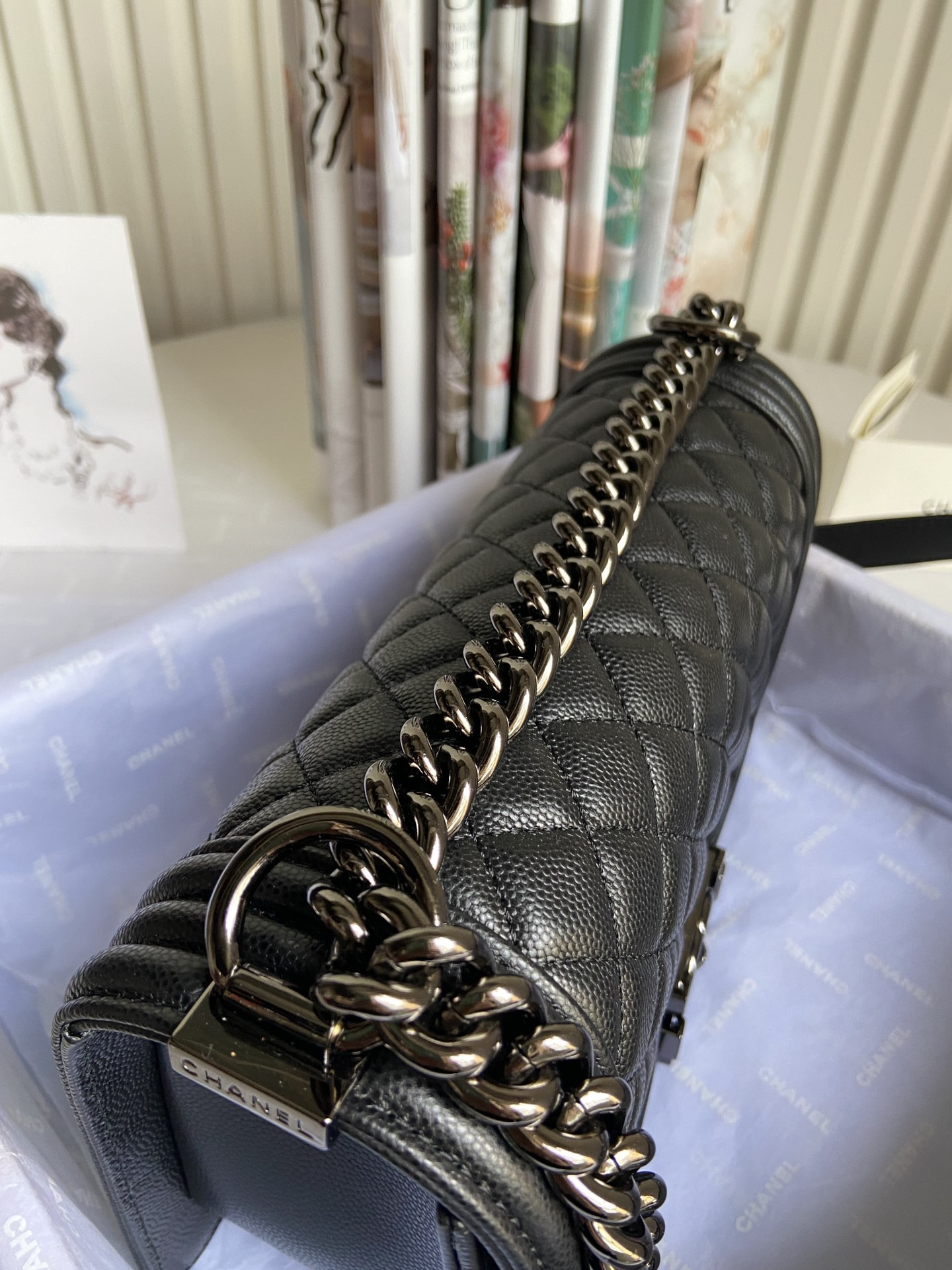 boy Ch*el handbag shiny grained calfskin black 5.9 × 9.8 × 3.5 in