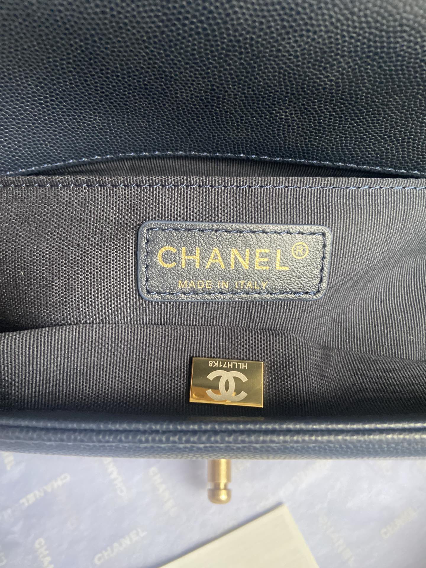boy Ch*el handbag shiny grained calfskin & gold-tone metal navy 5.9 × 9.8 × 3.5 in