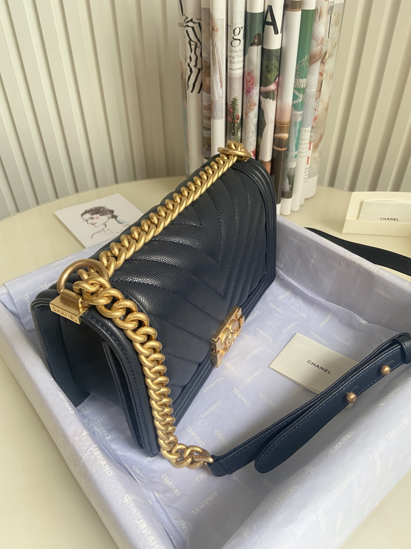 boy Ch*el handbag shiny grained calfskin & gold-tone metal navy 5.9 × 9.8 × 3.5 in