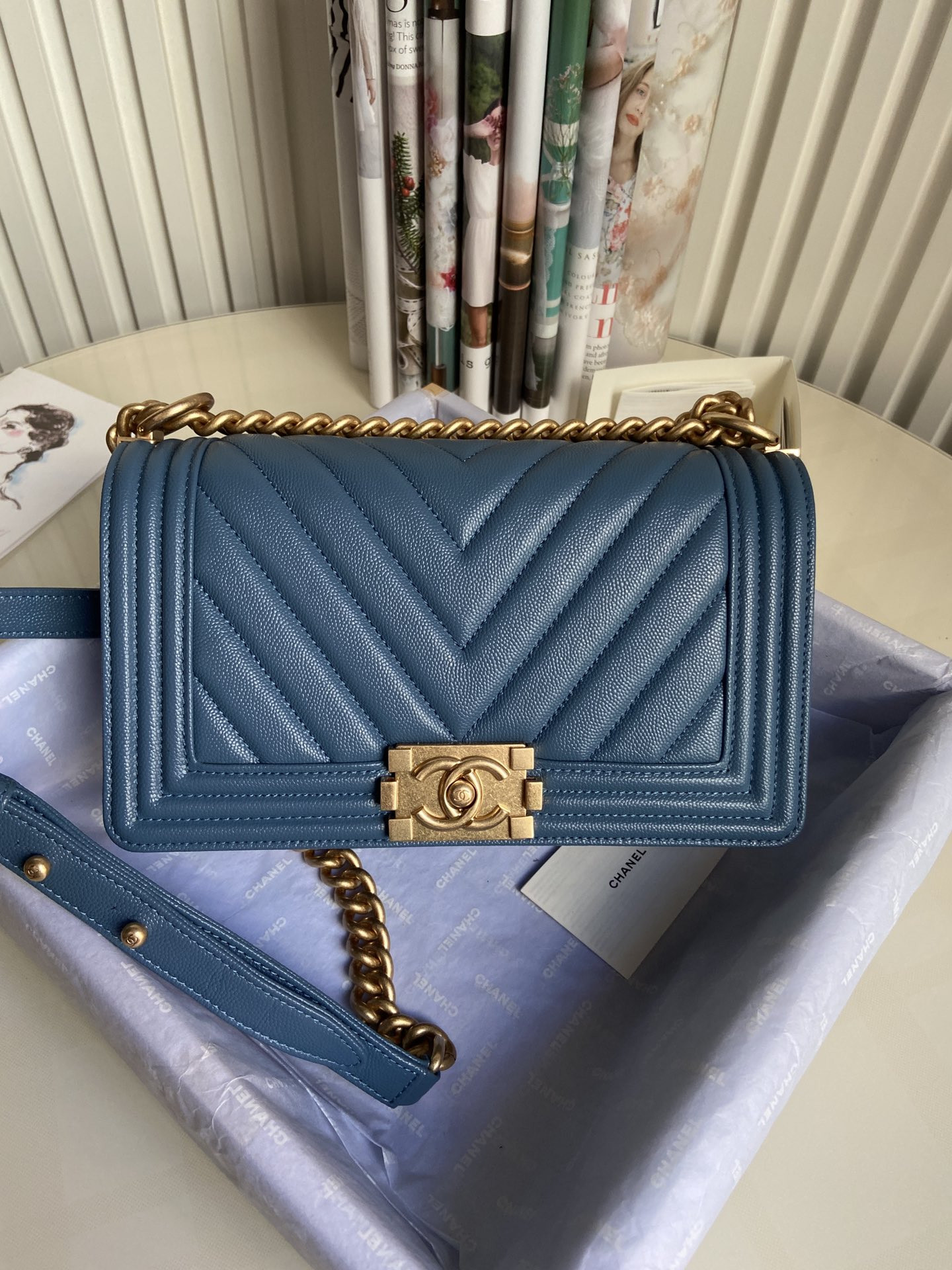 boy Ch*el handbag shiny grained calfskin & gold-tone metal blue 5.9 × 9.8 × 3.5 in
