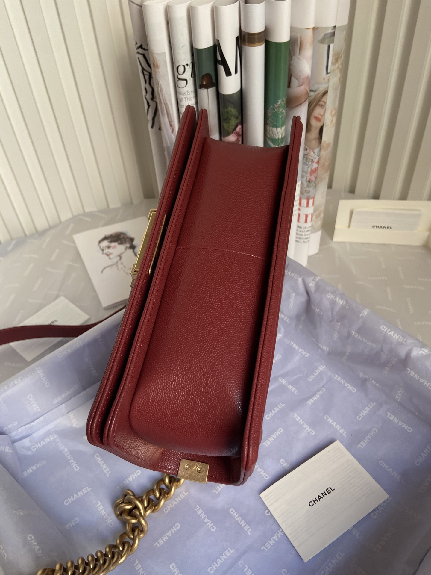 boy Ch*el handbag shiny grained calfskin & gold-tone metal red 5.9 × 9.8 × 3.5 in