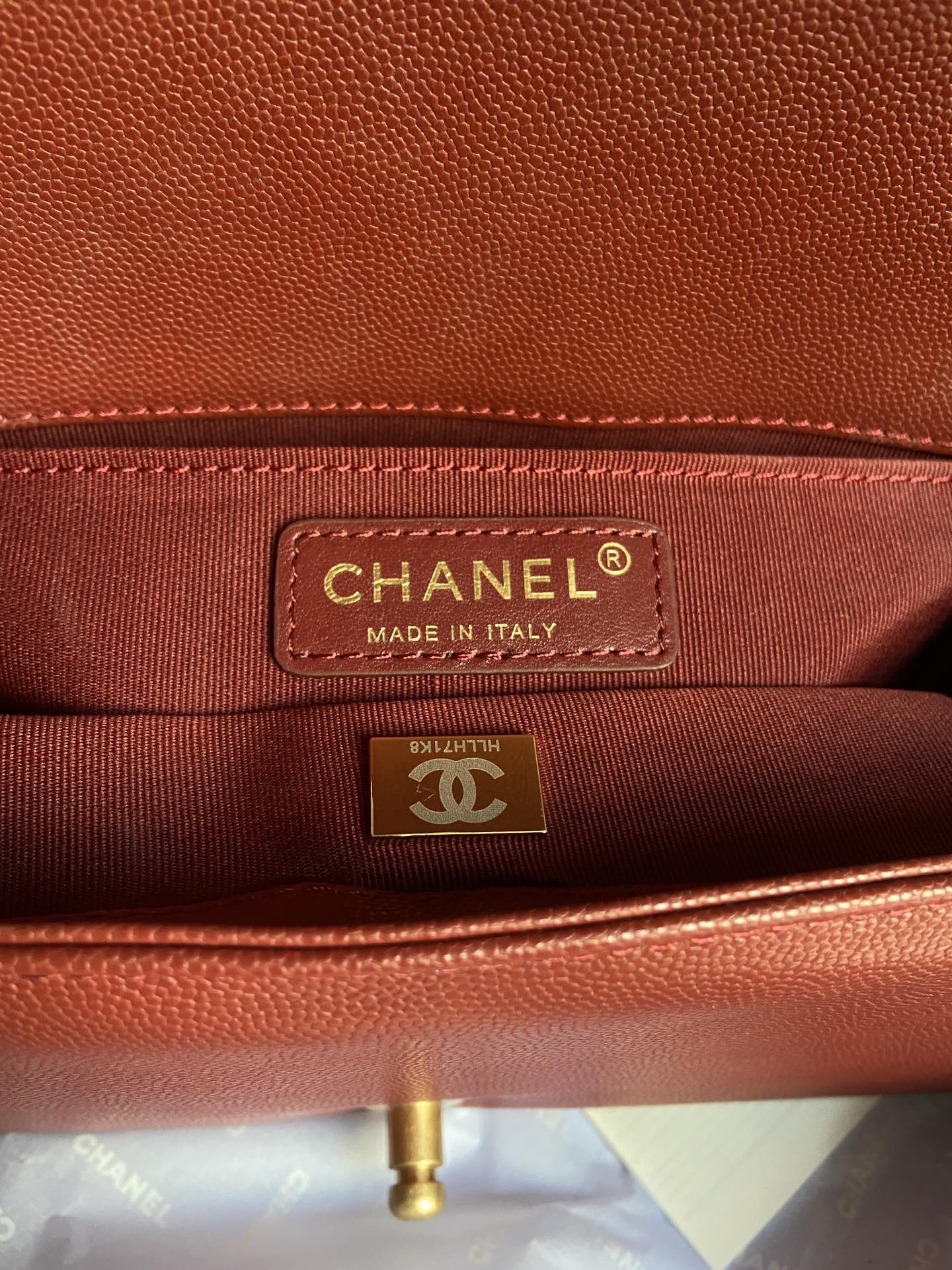 boy Ch*el handbag shiny grained calfskin & gold-tone metal red 5.9 × 9.8 × 3.5 in