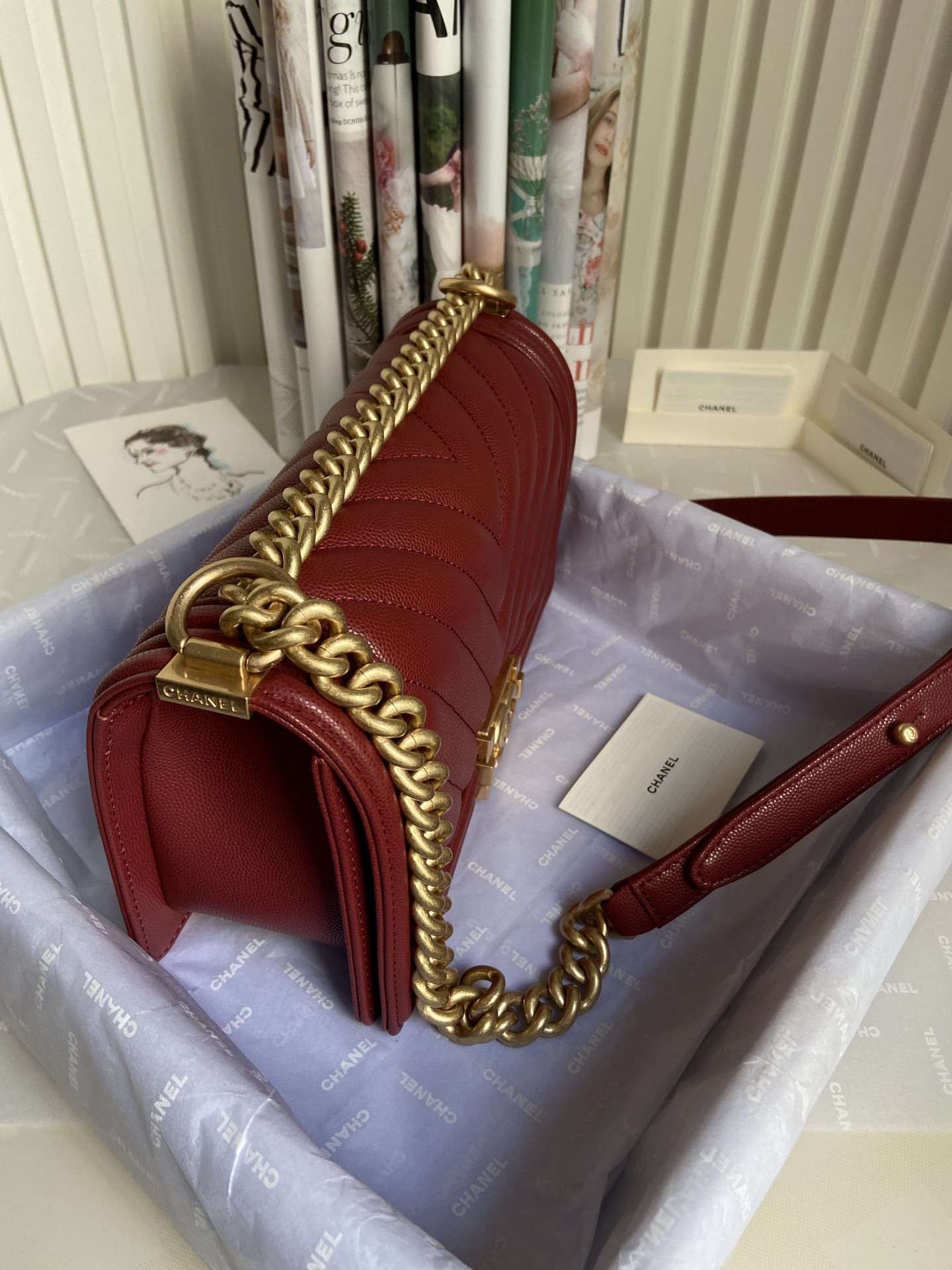 boy Ch*el handbag shiny grained calfskin & gold-tone metal red 5.9 × 9.8 × 3.5 in