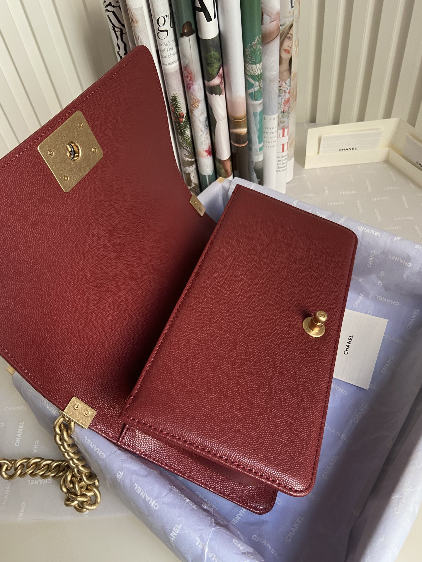 boy Ch*el handbag shiny grained calfskin & gold-tone metal red 5.9 × 9.8 × 3.5 in