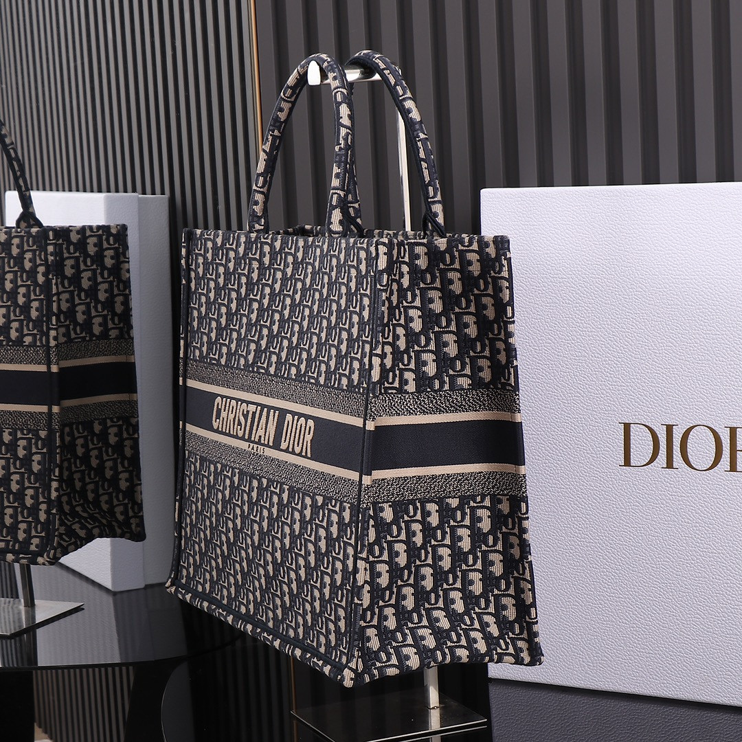 large D*or book tote  ecru and blue D*or oblique embroidery 16.5 x 14 x 7.5 inches