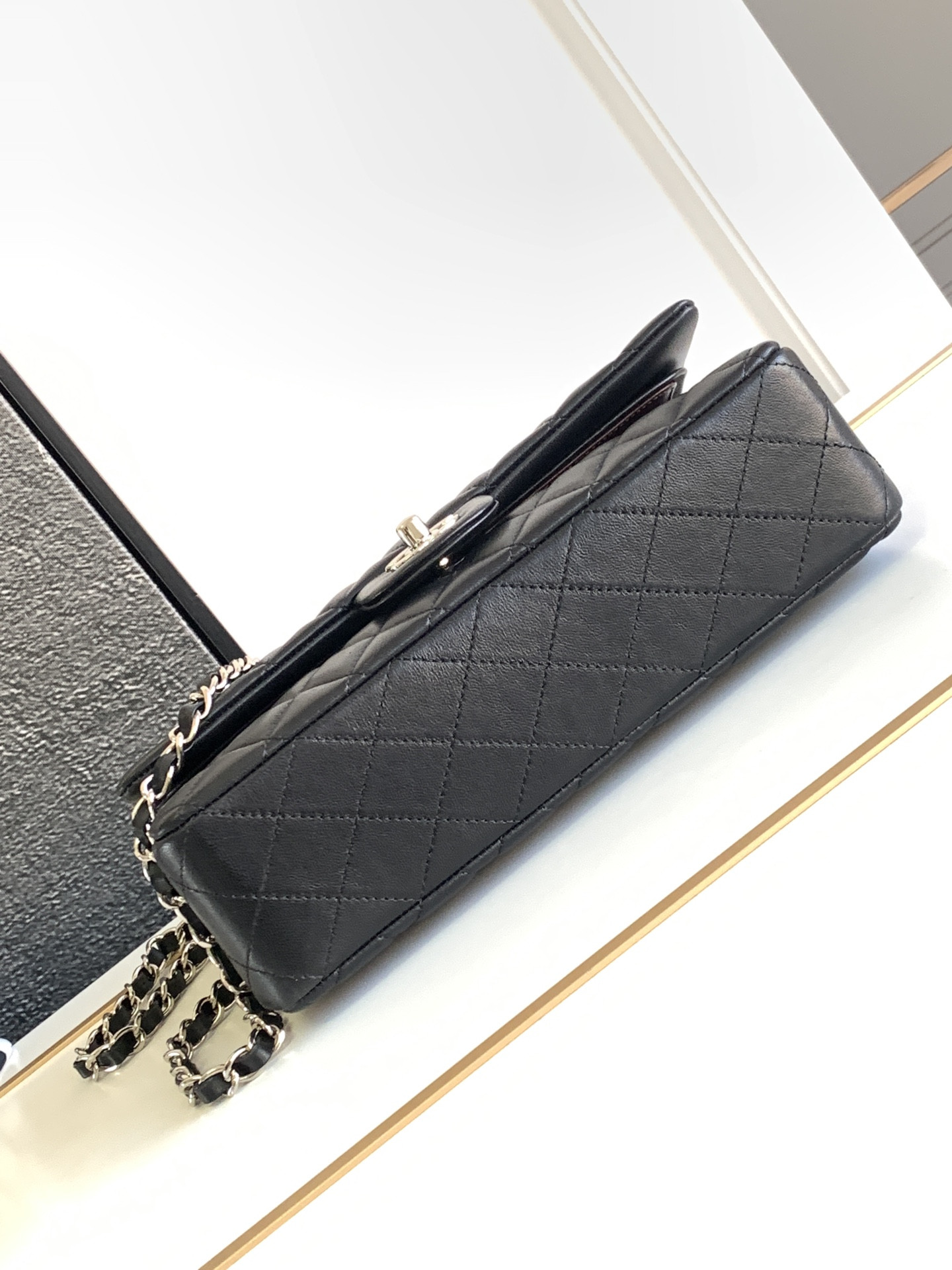 Ch*el classic handbag grained shiny calfskin & silver-tone metal black 6 × 9.9 × 2.5 in