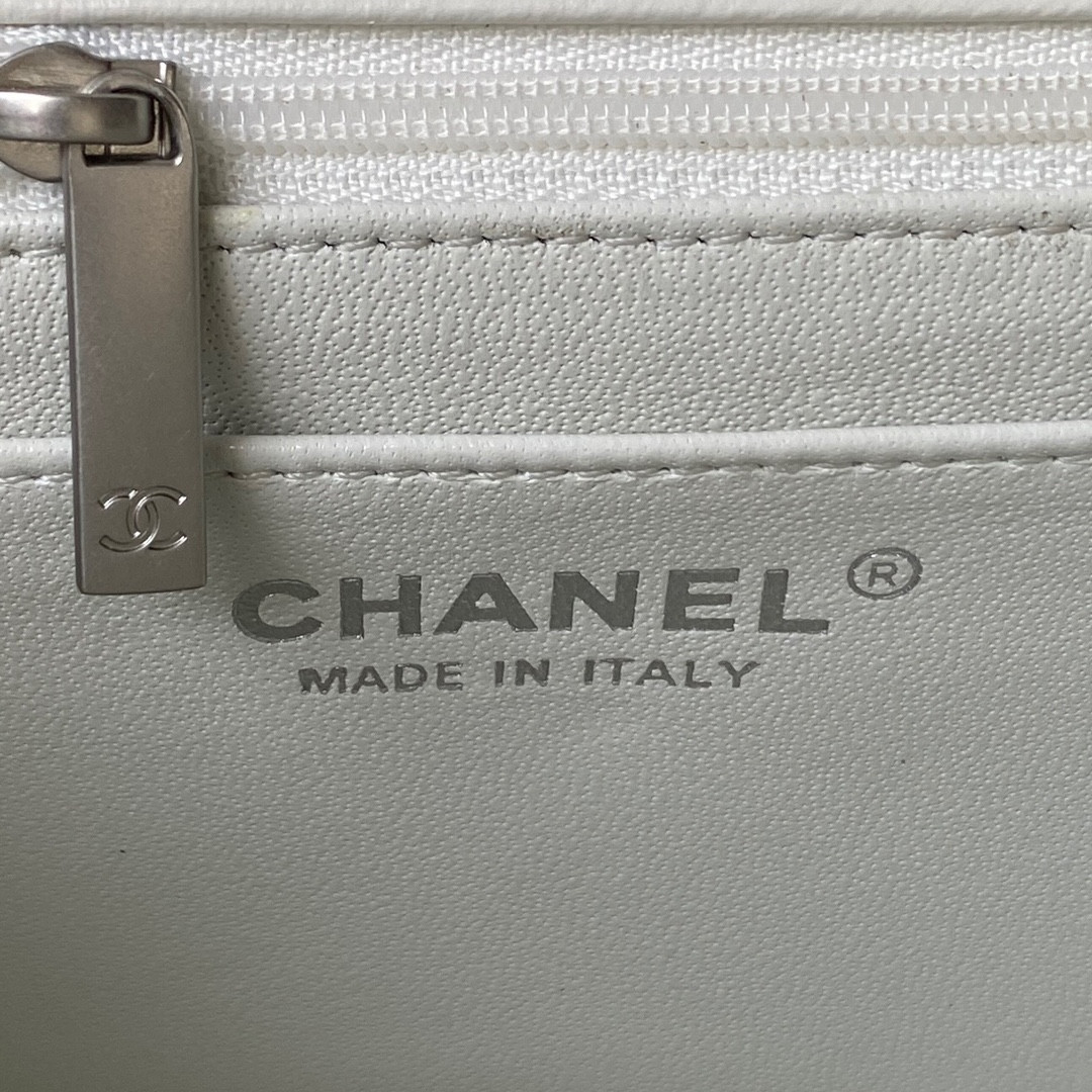 Ch*el mini flap bag shiny calfskin & silver-tone metal white 5.3 × 6.6 × 3.1 in