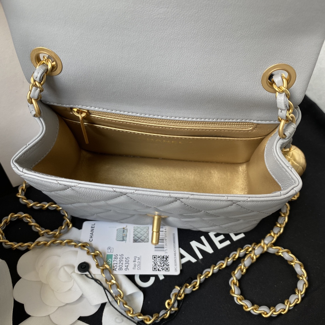 Ch*el mini flap bag shiny calfskin & gold-tone metal light blue 5.3 × 6.6 × 3.1 in