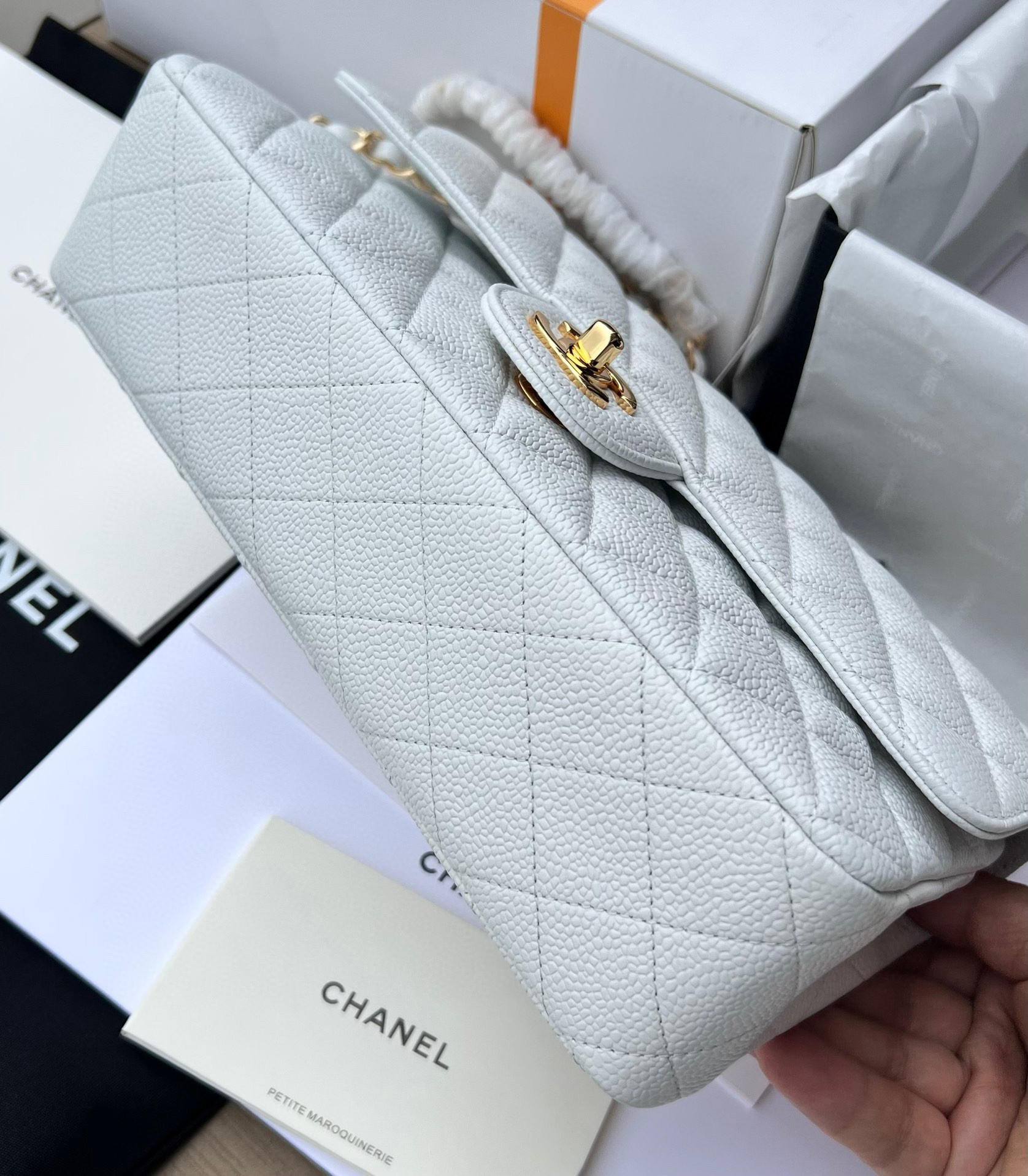 Ch*el classic handbag grained calfskin & gold-tone metal white 6 × 9.9 × 2.5 in