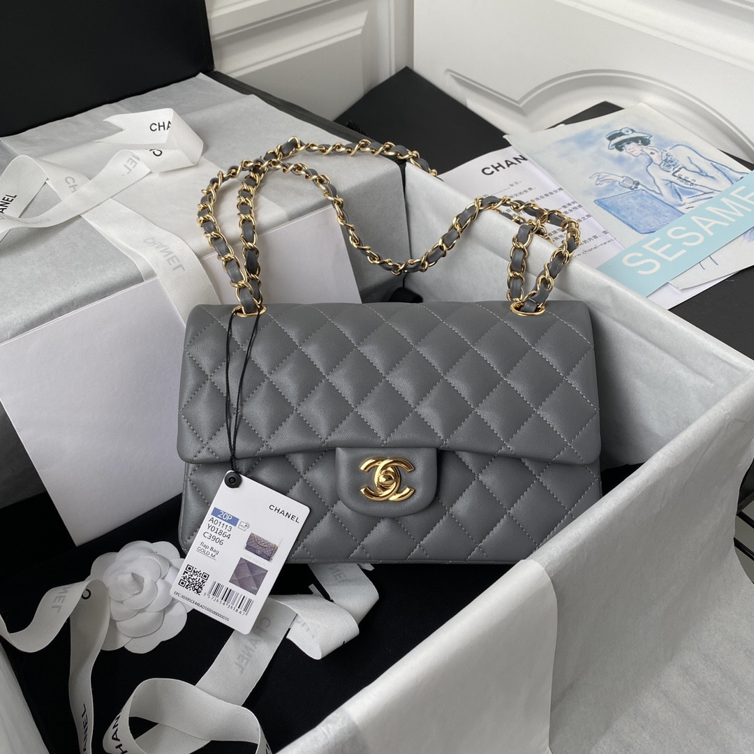 Ch*el small classic handbag grained shiny calfskin & gold-tone metal gray 5.7 × 9 × 2.3 in