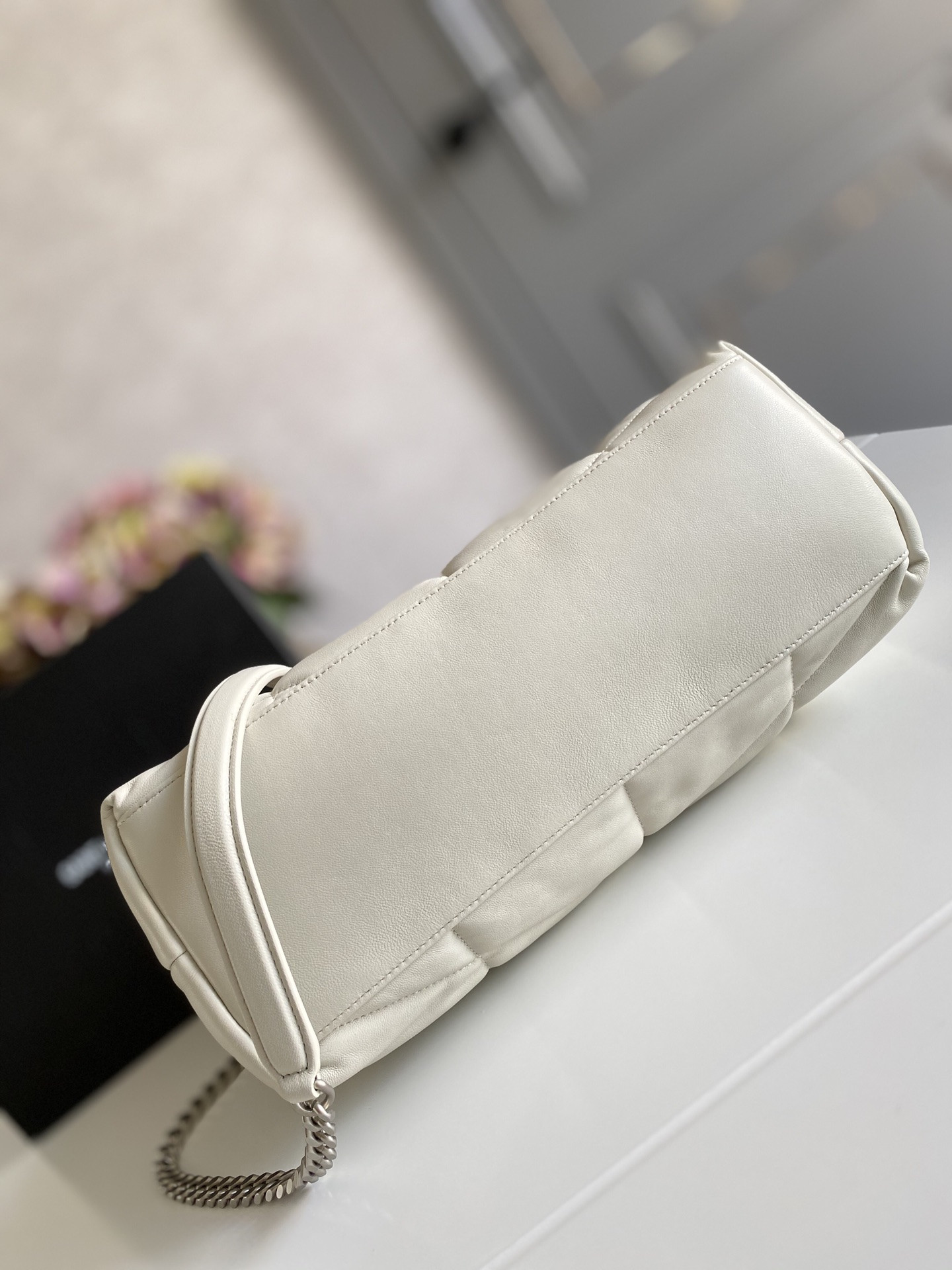Y*L puffer medium in nappa leather white silver 13.7 x 9 x 5.3 inches