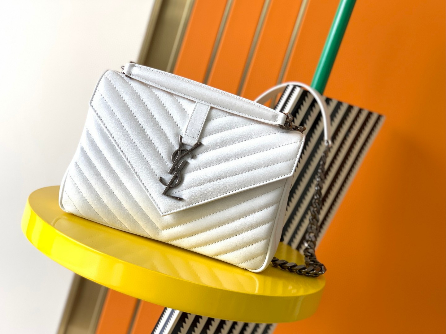 Y*L college medium in quilted leather white silver 9.4 x 6.6 x 2.5 inches