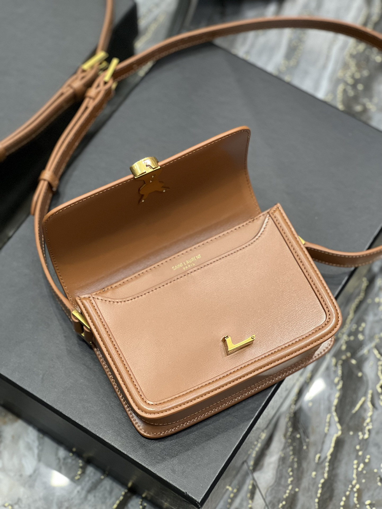 y*l solferino small satchel in box Sa**t Lau*nt brwon 7.4 x 5.1 x 1.9 inches