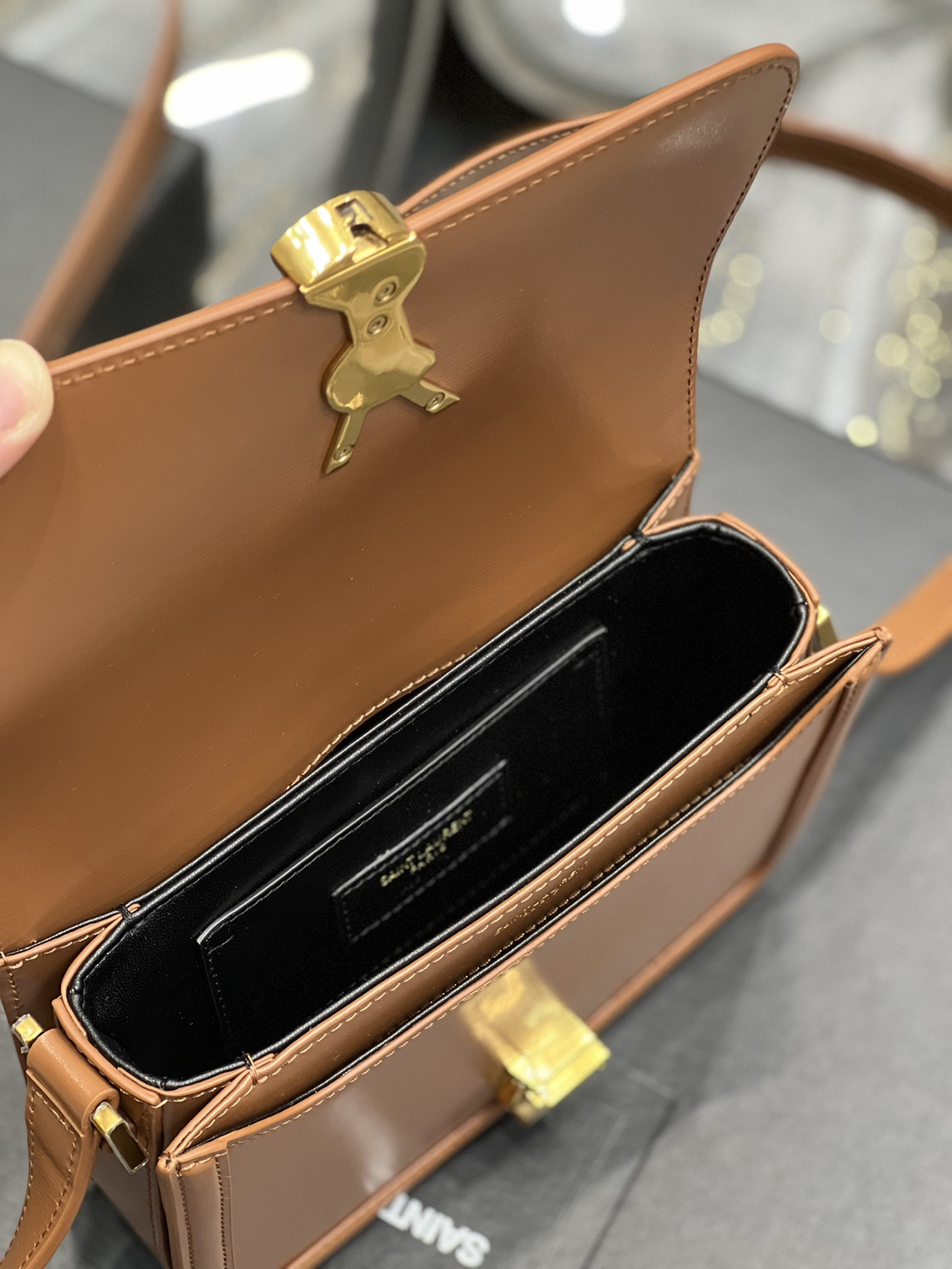 y*l solferino small satchel in box Sa**t Lau*nt brwon 7.4 x 5.1 x 1.9 inches