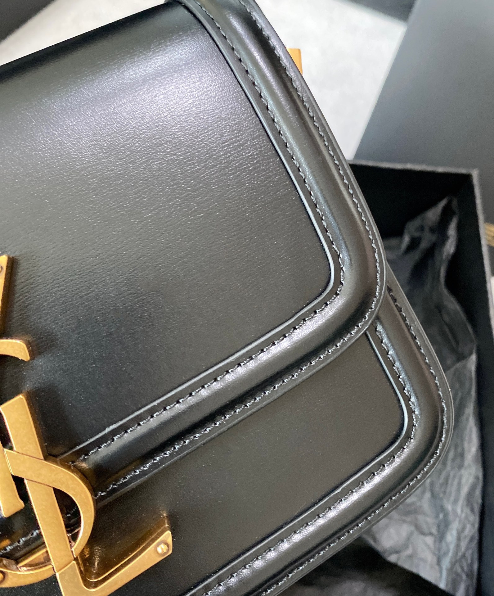 y*l solferino small satchel in box Sa**t Lau*nt black 7.4 x 5.1 x 1.9 inches