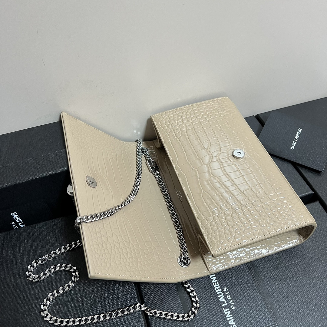 Y*L kate medium tassel in crocodile-embossed leather beige 9.4 x 5.7 x 2.1 inches