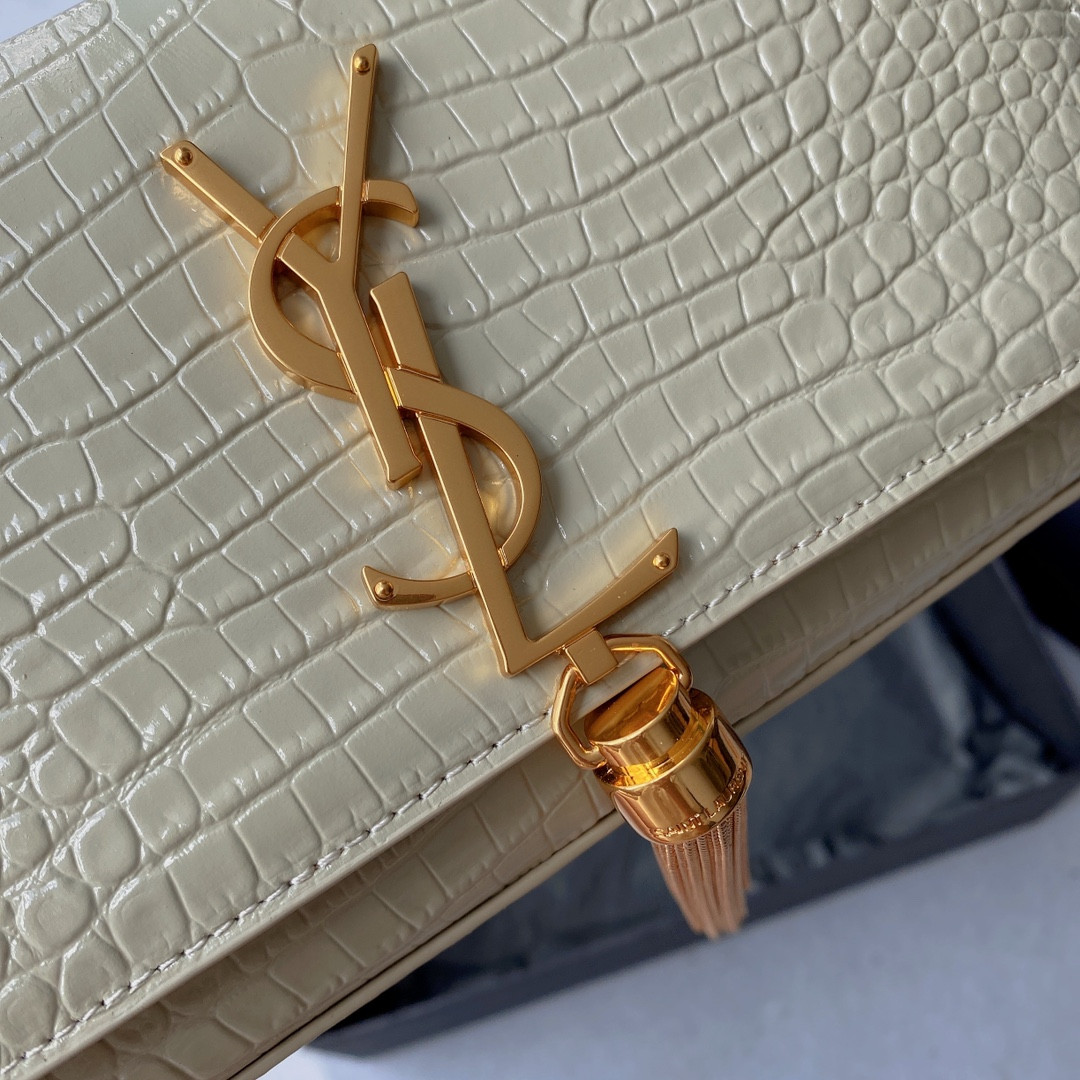 Y*L kate medium tassel in crocodile-embossed leather white 9.4 x 5.7 x 2.1 inches