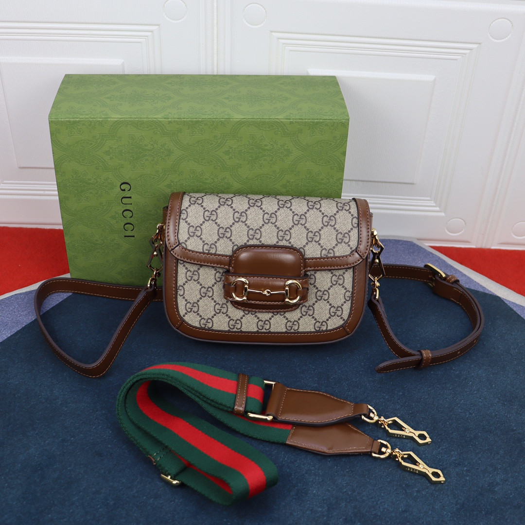 G*u*i horsebit 1955 mini bag beige and ebony 8.1"w x 5.7"h x 2"d