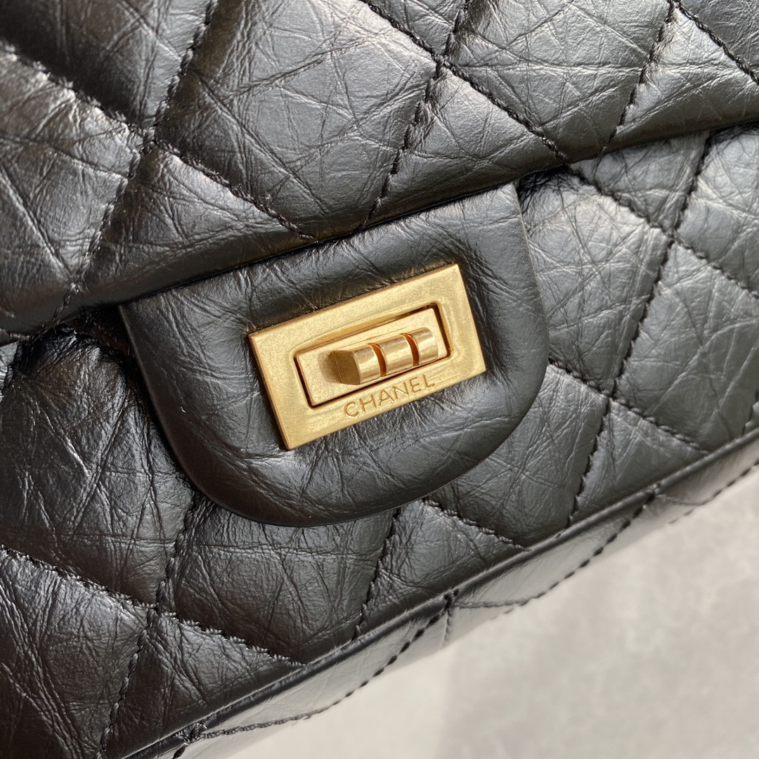 Ch*el large 2.55 handbag black& gold-tone metal 7.6 × 10.9 × 2.9 in