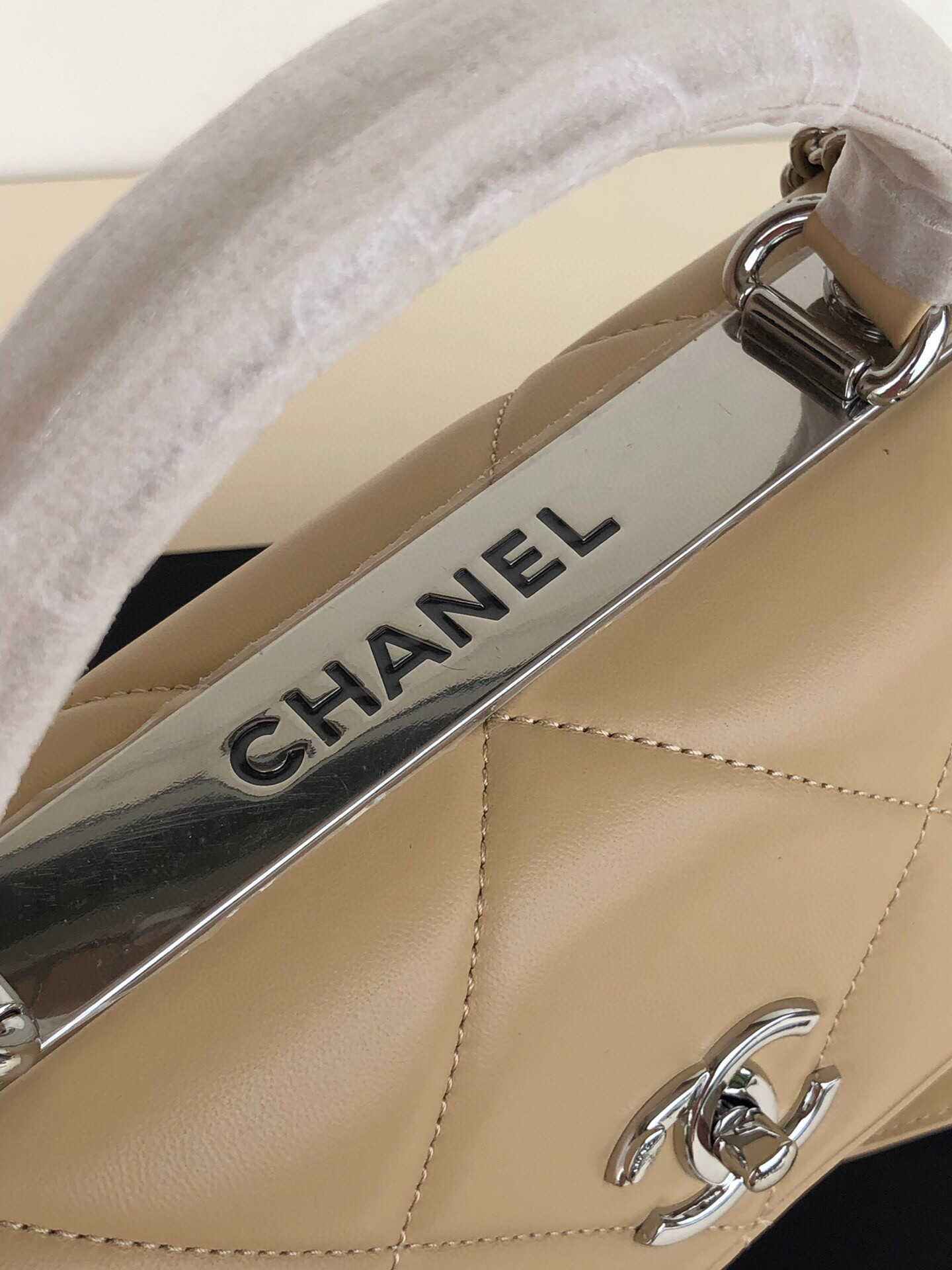 Ch*el flap bag with top handle 6.6 × 9.8 × 4.7 in