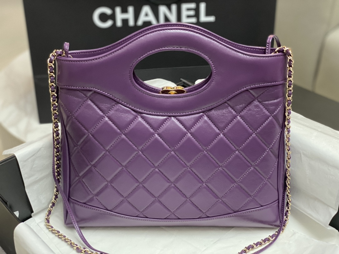 Ch*el shopping bag shiny lambskin & gold-tone metal 11.7 × 11.3 × 3.5 in