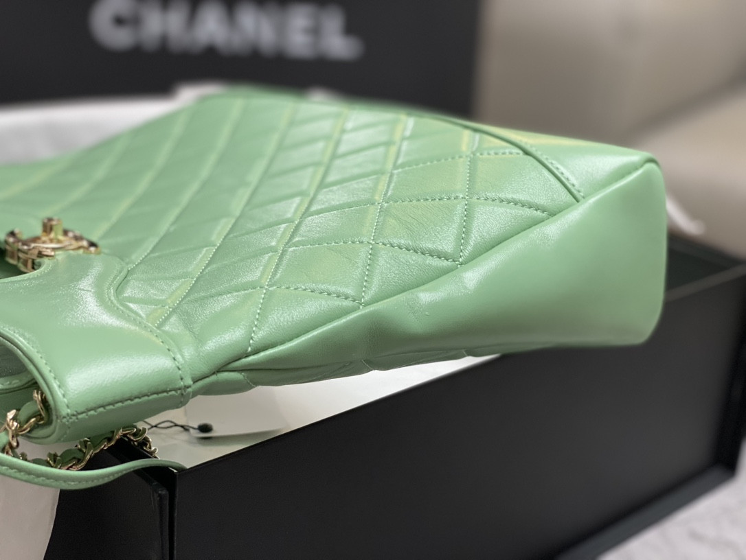 Ch*el shopping bag shiny lambskin & gold-tone metal light green 11.7 × 11.3 × 3.5 in