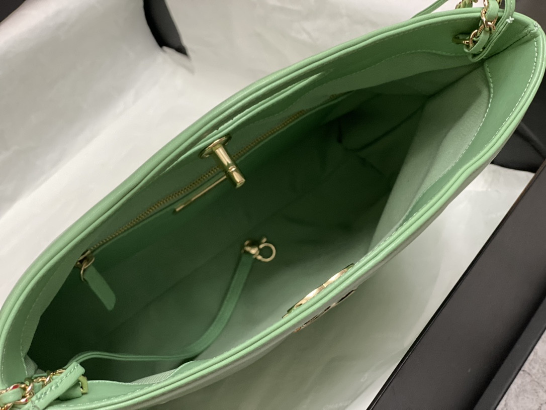 Ch*el shopping bag shiny lambskin & gold-tone metal light green 11.7 × 11.3 × 3.5 in