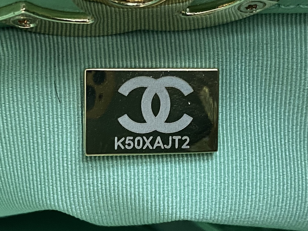 Ch*el shopping bag shiny lambskin & gold-tone metal light green 11.7 × 11.3 × 3.5 in