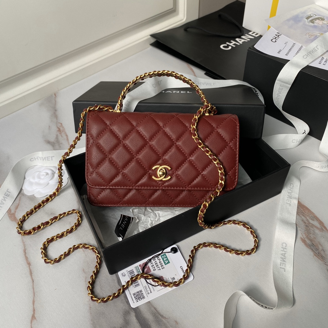 Ch*el wallet on chain grained shiny calfskin & gold-tone metal 12 × 19 × 5 cm
