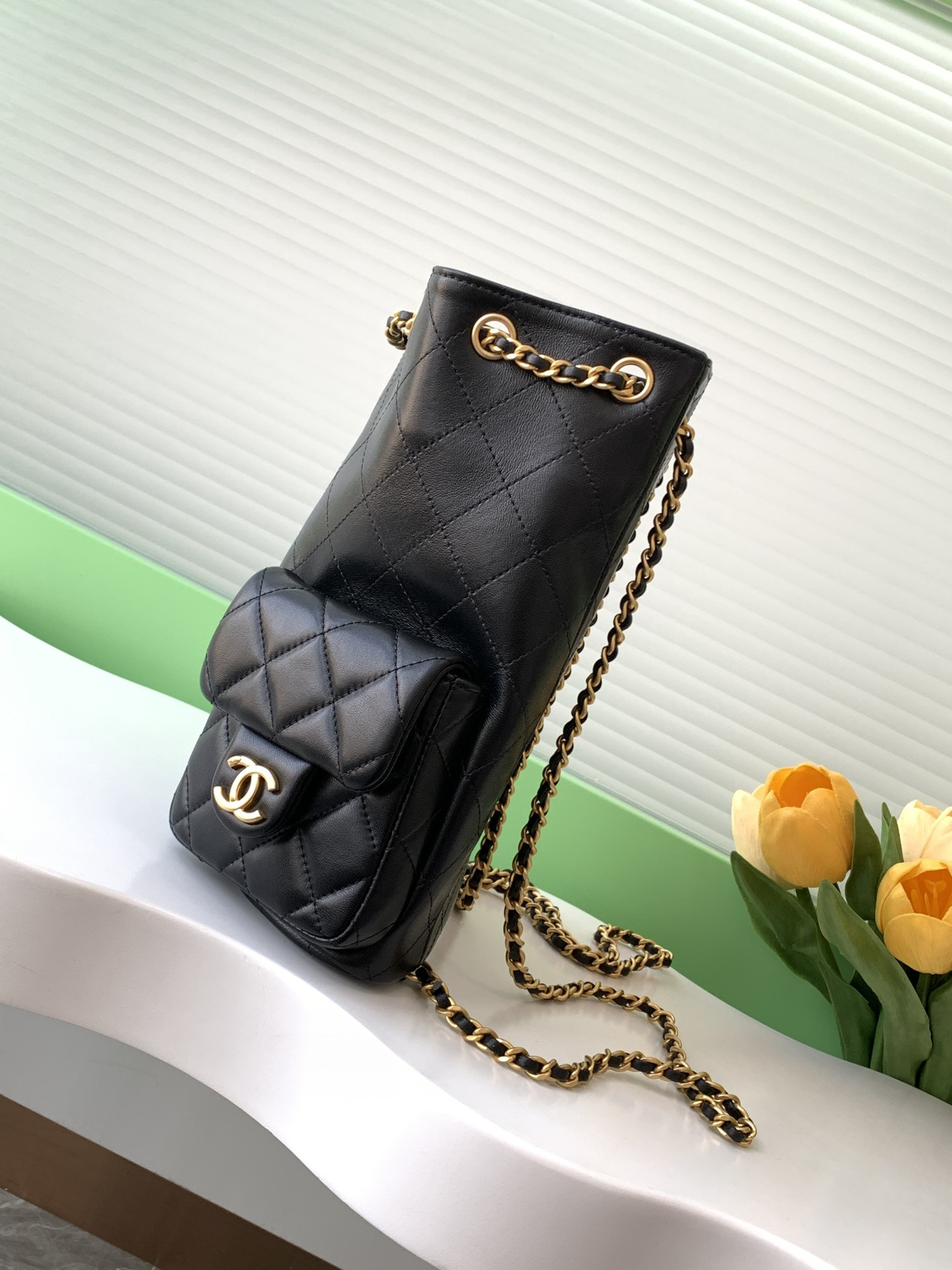 Ch*el backpack shiny lambskin 24.5x18x8cm