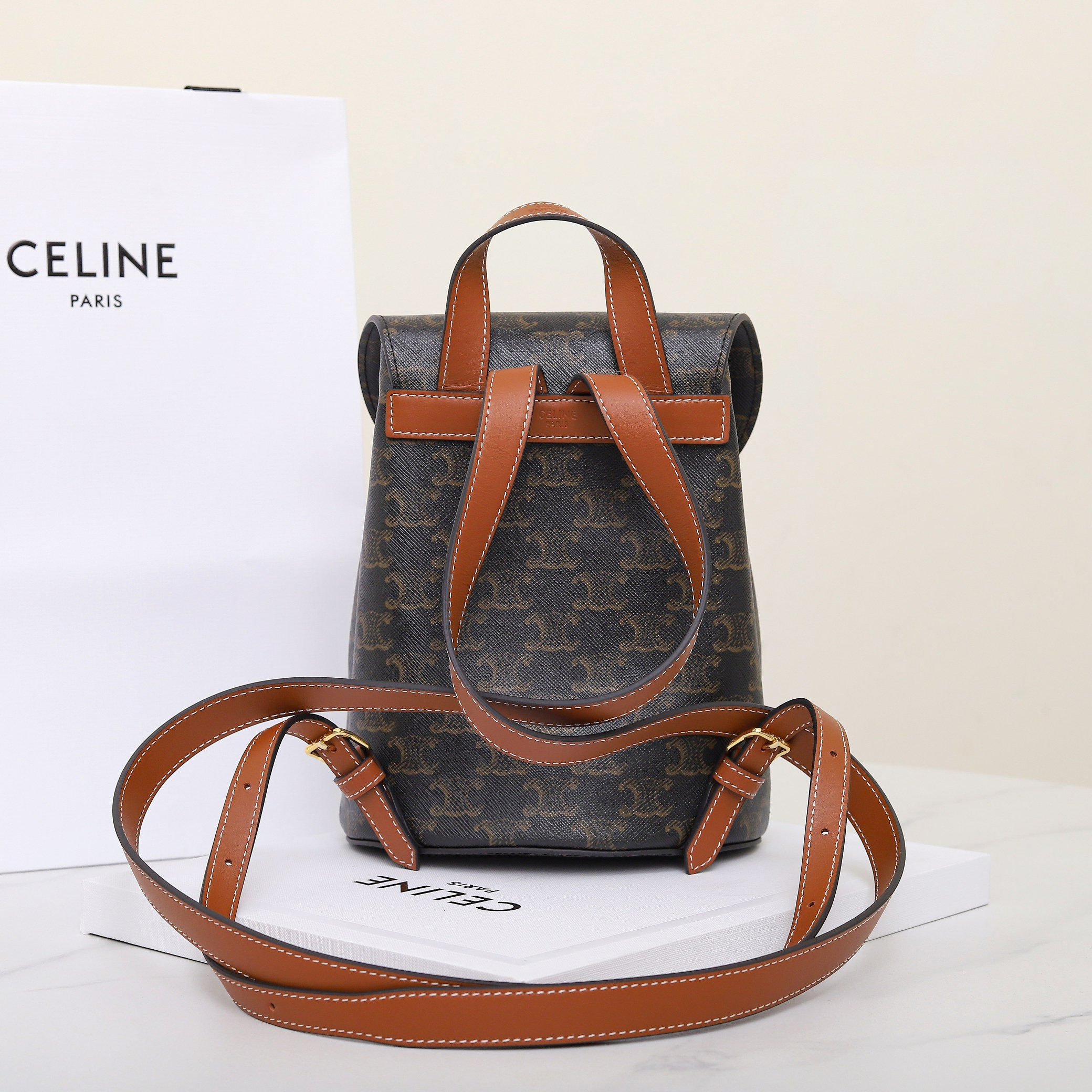 Ce**e bonnie backpack in triomphe canvas and calfskin 118702 25x18x13cm