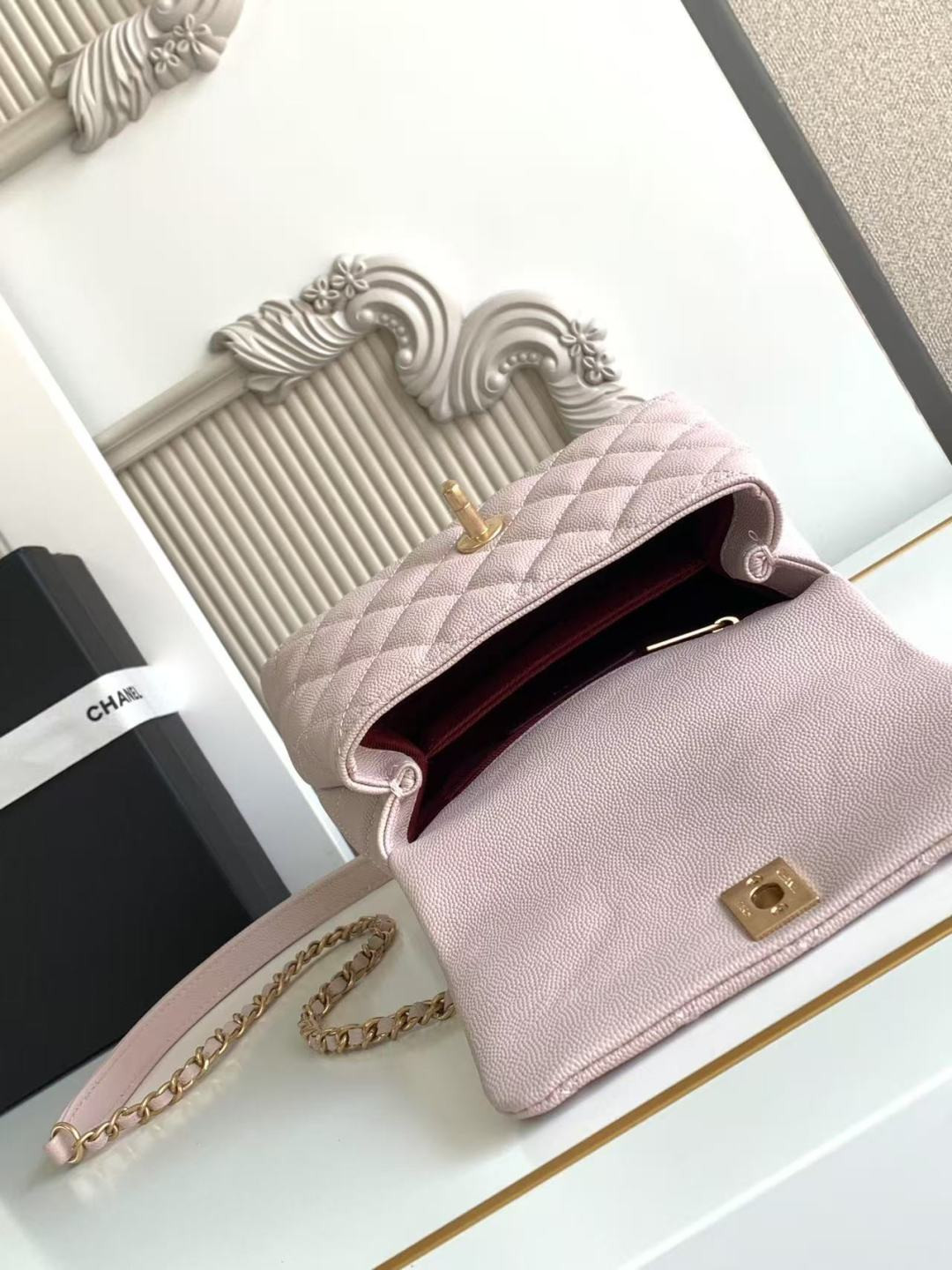 Ch*el mini flap bag with top handle grained calfskin & gold-tone metal as2215 13x19x9cm