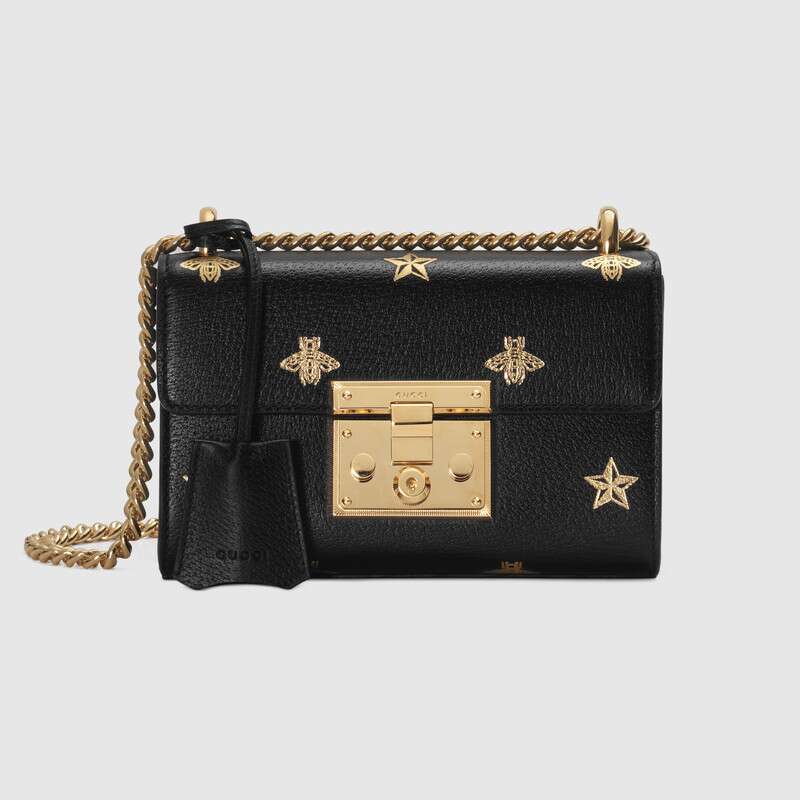 G*u*i gg women padlock bee star small shoulder bag in leather with gold bees and stars print